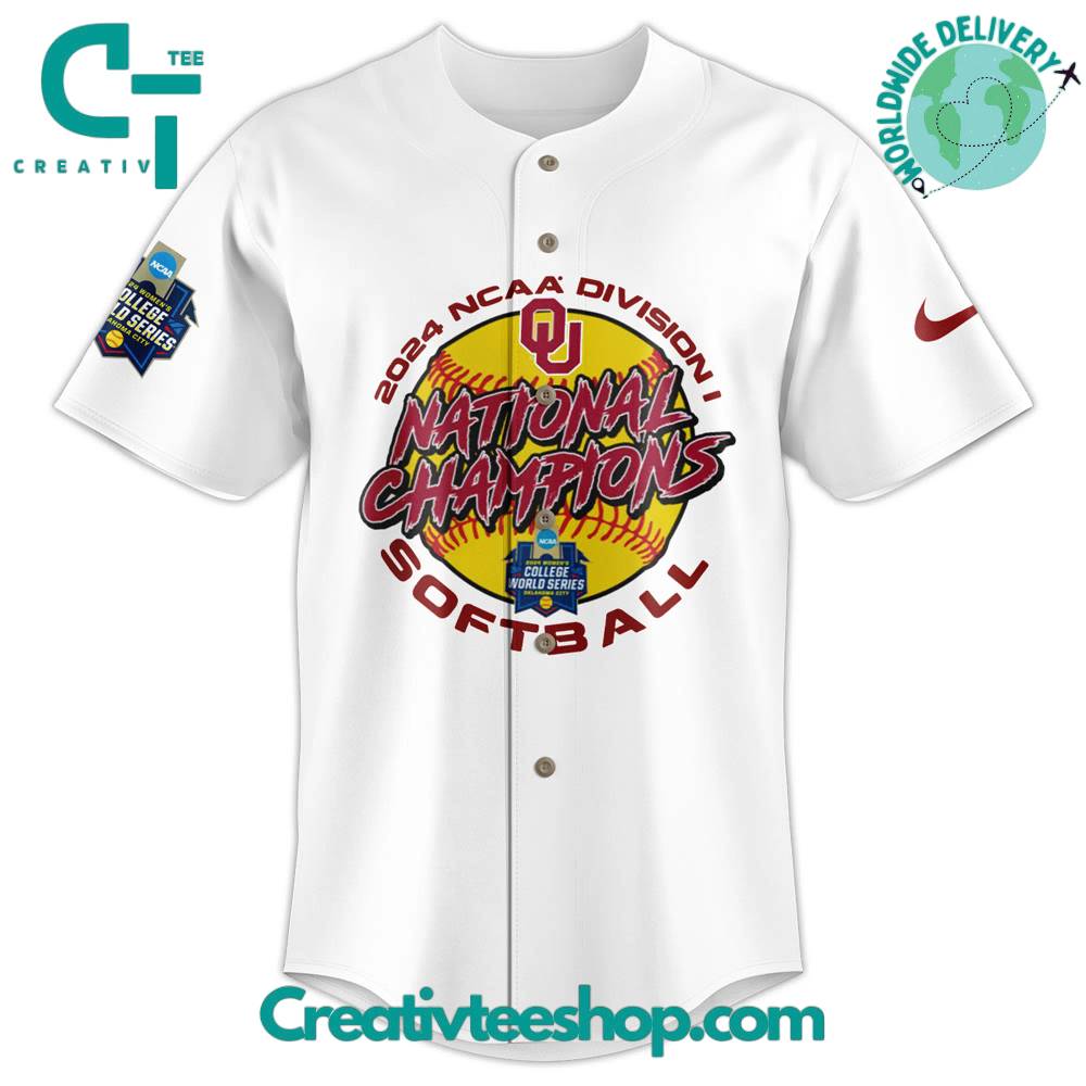 Oklahoma Sooners 2024 Ncaa Softball Womens College World Series Champions White Baseball Jersey